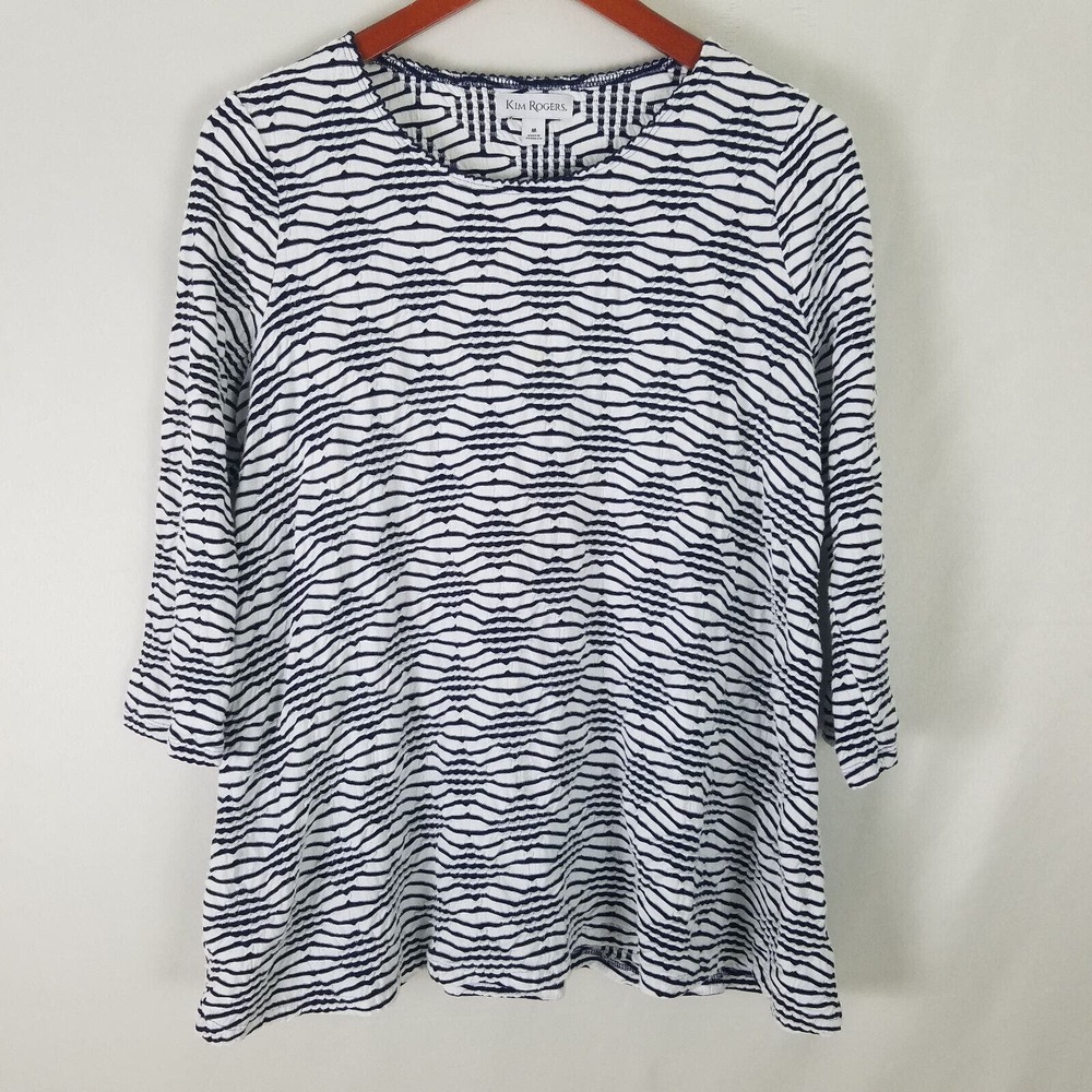 Kim Rogers Shirt Womens Medium White Black Top Seersucker Long Sleeve Round Neck